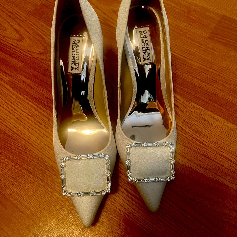 BADGLEY MISCHKADEVI WOMENS VELVET POINTED TOE PUMPS Beige color size 9 p…